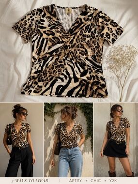Mixed Animal Print Faux Wrap Top